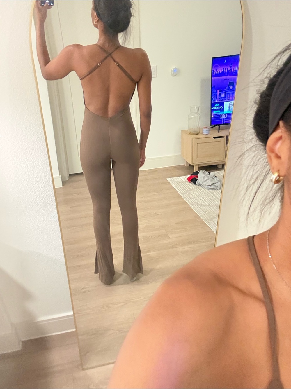 Oh Polly Brown Scoop Neck Fitted Jumpsuit - Picture 2 of 3